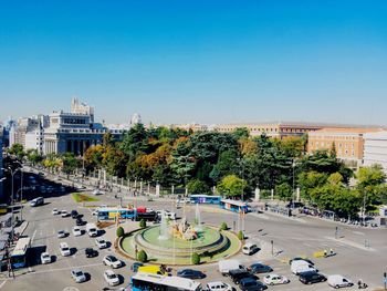 High angle view of city street against clear sky