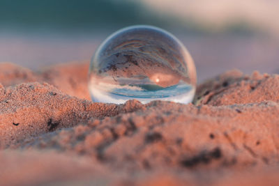 Close-up of crystal ball on sand at beach