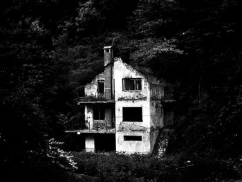 Abandoned building by trees in forest