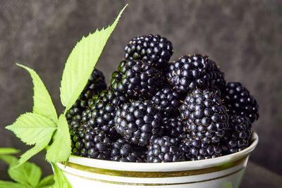 Close-up of blackberries in container