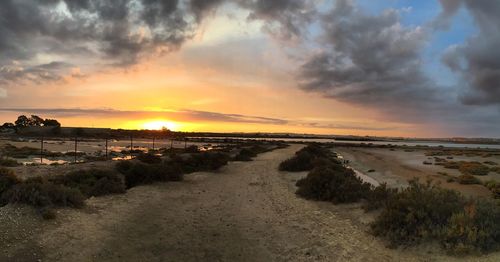 Scenic view of beach against sky during sunset