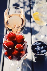 Close-up of raspberries in glass bowl