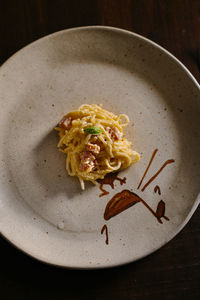 High angle view of food in plate on table