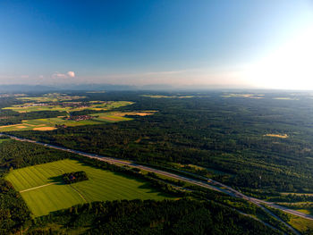 High angle view of field against sky