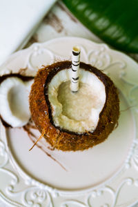 High angle view of cake in plate