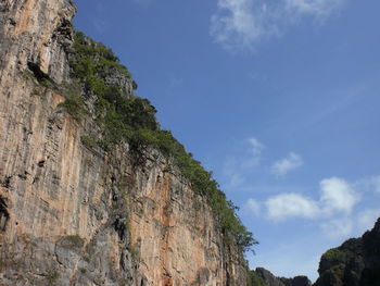 Low angle view of rocky mountain against sky