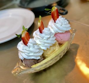 Close-up of cake served on table