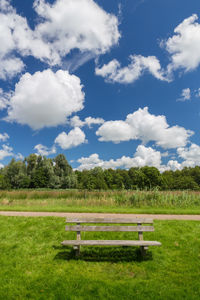 View of trees on grassy landscape against blue sky