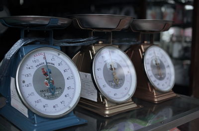 Close-up of weight scales on display cabinet at store