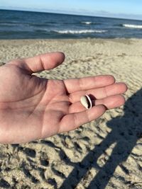 Midsection of man holding sand at beach