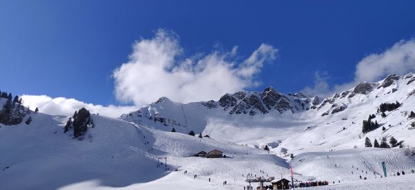 Panoramic view of snowcapped mountains against sky