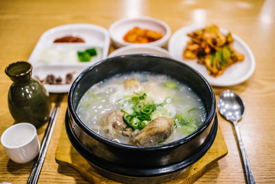 High angle view of soup in bowl on table