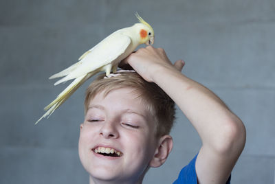 Portrait of boy holding bird