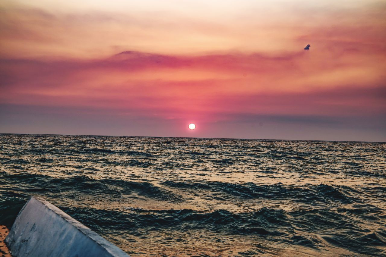 sunset, sky, sea, water, horizon over water, scenics - nature, beauty in nature, cloud - sky, horizon, tranquility, tranquil scene, no people, nature, orange color, idyllic, land, beach, motion, wave, outdoors