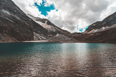 Scenic view of lake and mountains against sky