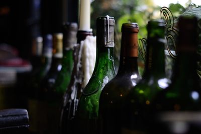 Close-up of wine bottles