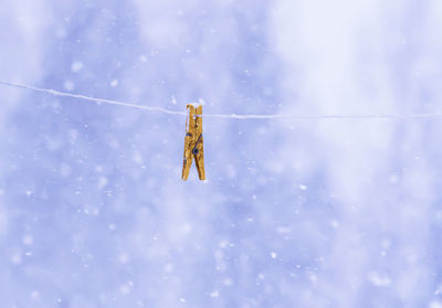 Low angle view of clothespins hanging on rope against sky