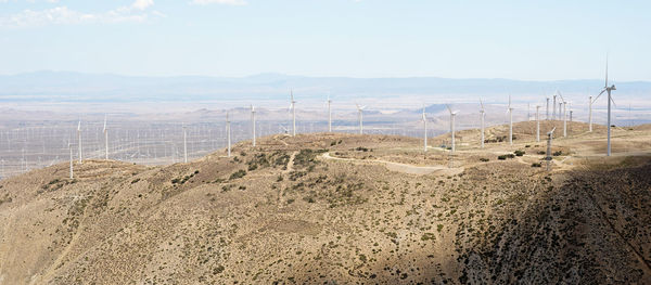 Desert section with windfarm from tehachapi pass on the pct pacific crest trail in california, usa.