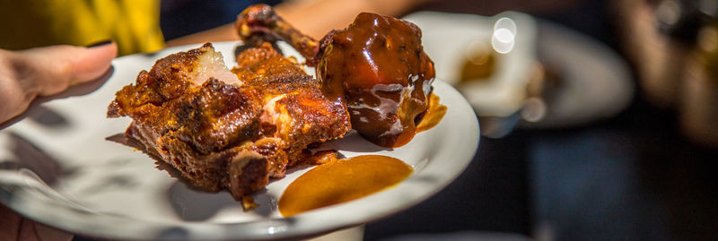 Close-up of food served on table