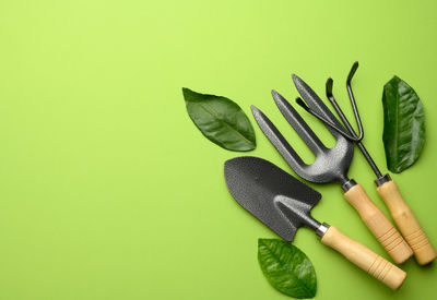 Set of garden tools with wooden handles on a green background, top view, copy space