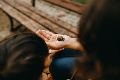 Close up hand holding snail