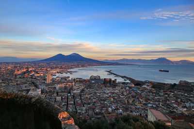 High angle view of city at seaside, naples italy 2019