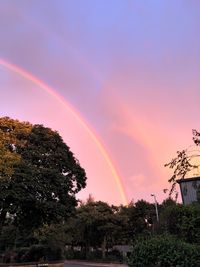 Scenic view of rainbow over landscape against sky