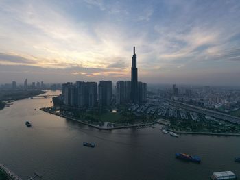 Aerial view of buildings in ho chi minh city during sunset