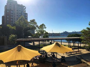 Panoramic view of buildings in city against clear blue sky