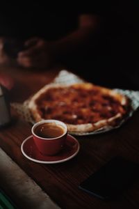 High angle view of coffee cup on table