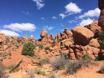 Rock formations on landscape against cloudy sky