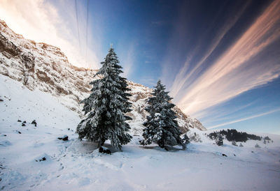 Panoramic view of snow covered mountains against sky