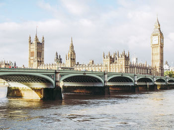 Bridge over river with buildings in background