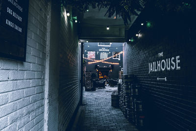 Illuminated alley amidst buildings in city at night