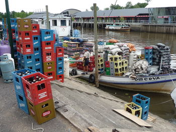 Boats moored at harbor