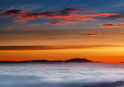 Scenic view of dramatic sky over sea during sunset