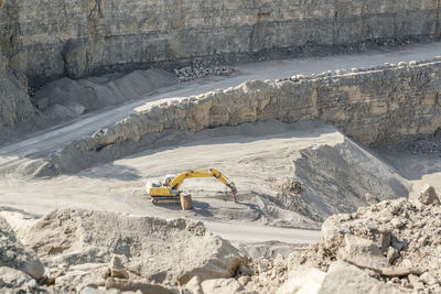 High angle view of motorcycle on rock