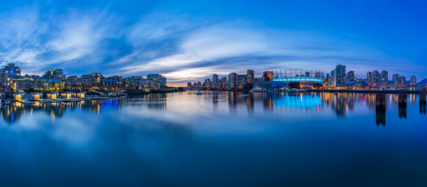 Reflection of illuminated buildings in river against sky