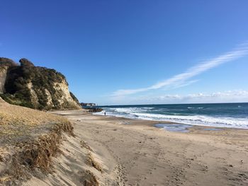 Scenic view of beach against clear blue sky