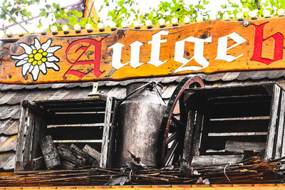 Low angle view of text on roof of building