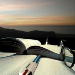 Close-up of book on table against sky during sunset