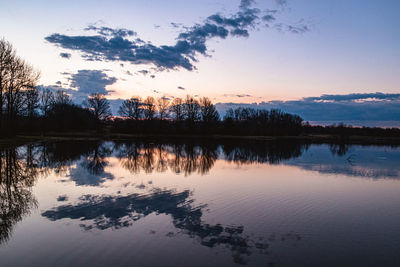 Scenic view of lake against sky at sunset