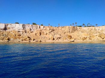 Scenic view of sea against clear blue sky