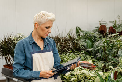 Young woman working on laptop. lovely female with flower in pot