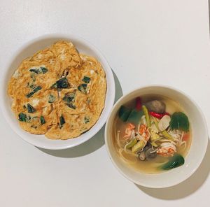 High angle view of meal served on table