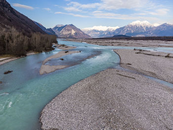 Emerald waters of the cornino lake and the tagliamento river. magic