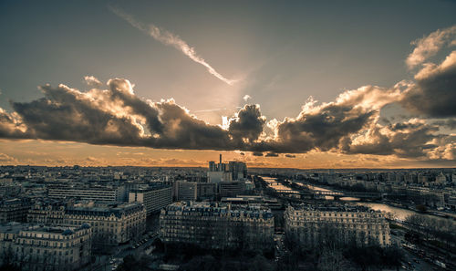 Panoramic view of buildings against sky during sunset