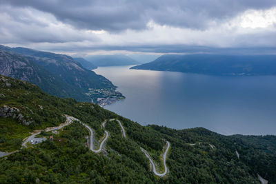 Scenic view of sea and mountains against sky