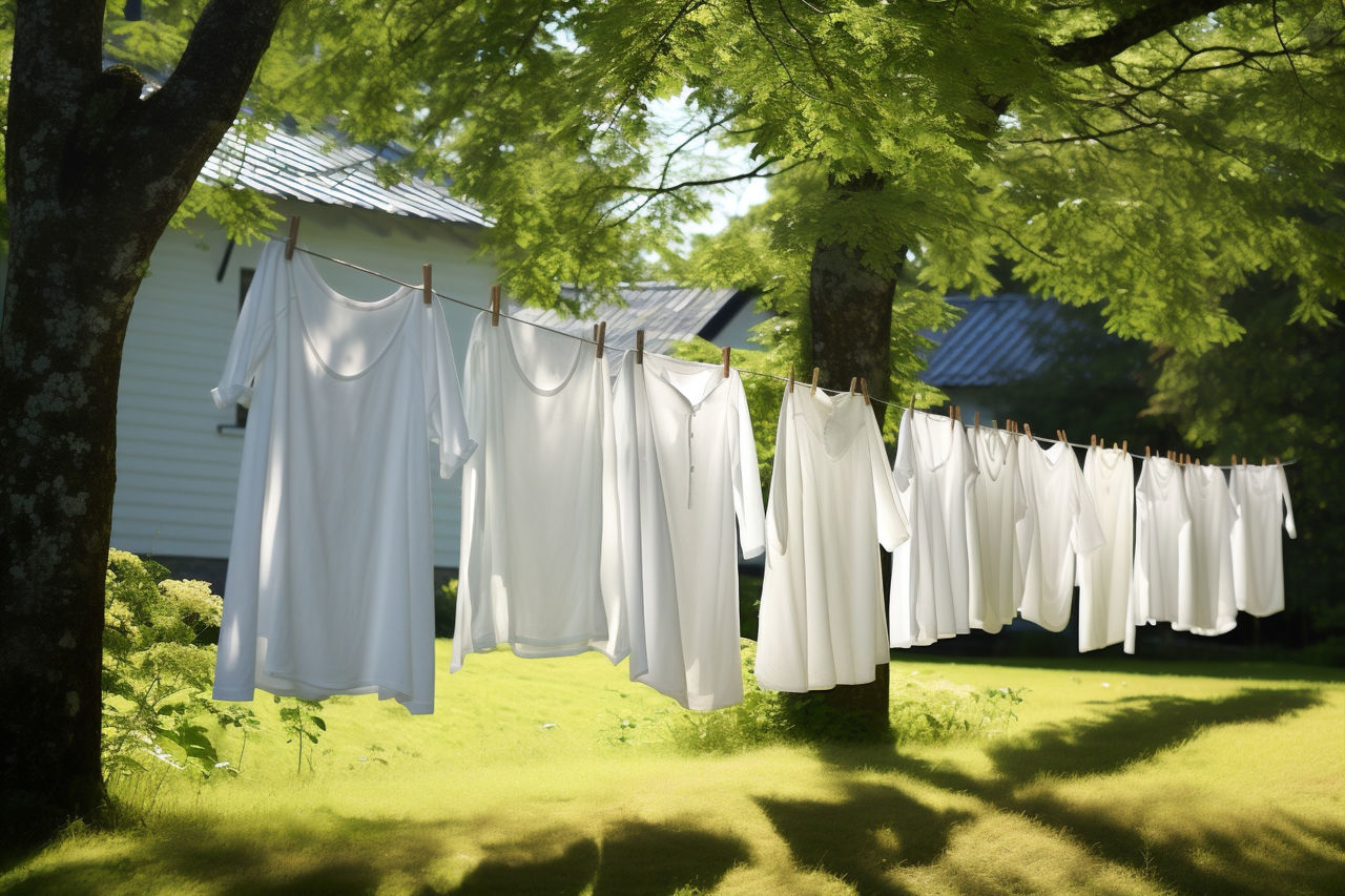 hanging, laundry, green, clothesline, plant, tree, drying, clothing, textile, nature, no people, front or back yard, light, in a row, sunlight, shadow, white, day, grass, outdoors, hygiene, clothespin, yellow, linen, washing, backyard, clean