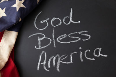 Close-up of american flag with text over black background